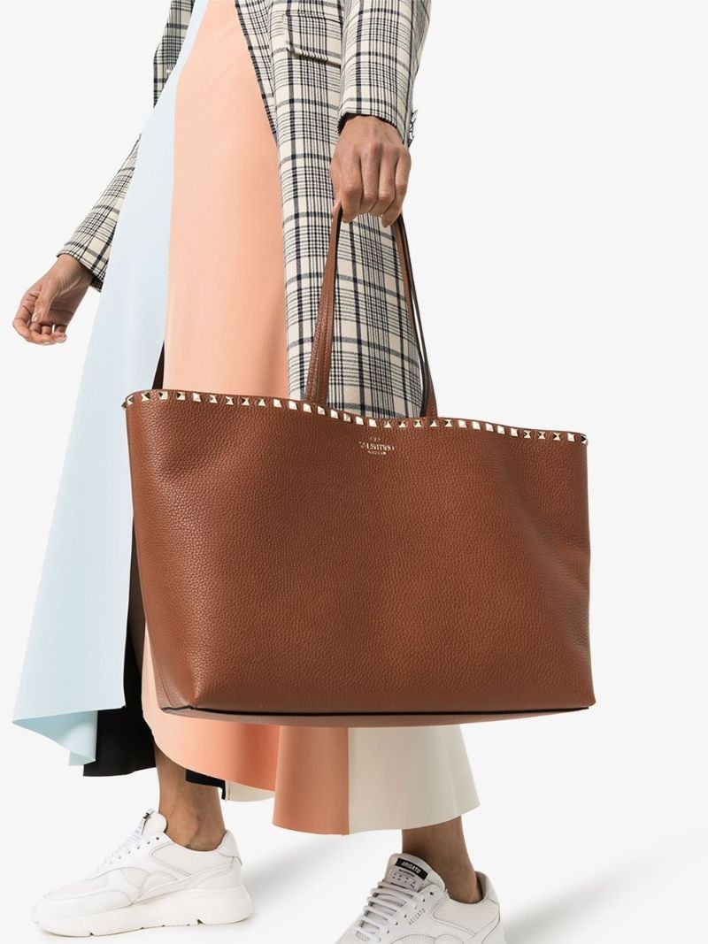 Brown Rockstud Large Leather Tote Bag