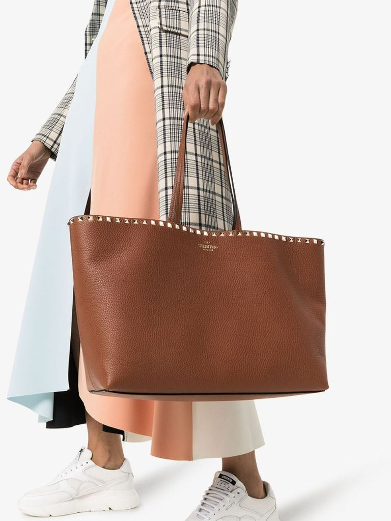 Brown Rockstud Large Leather Tote Bag