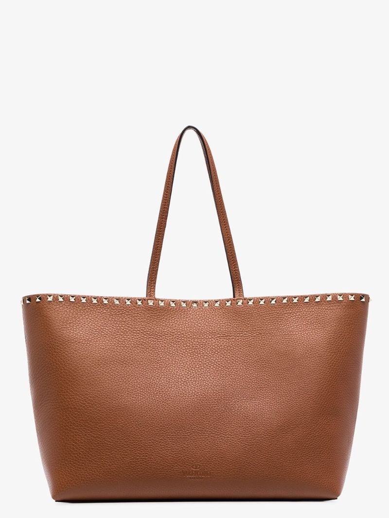 Brown Rockstud Large Leather Tote Bag