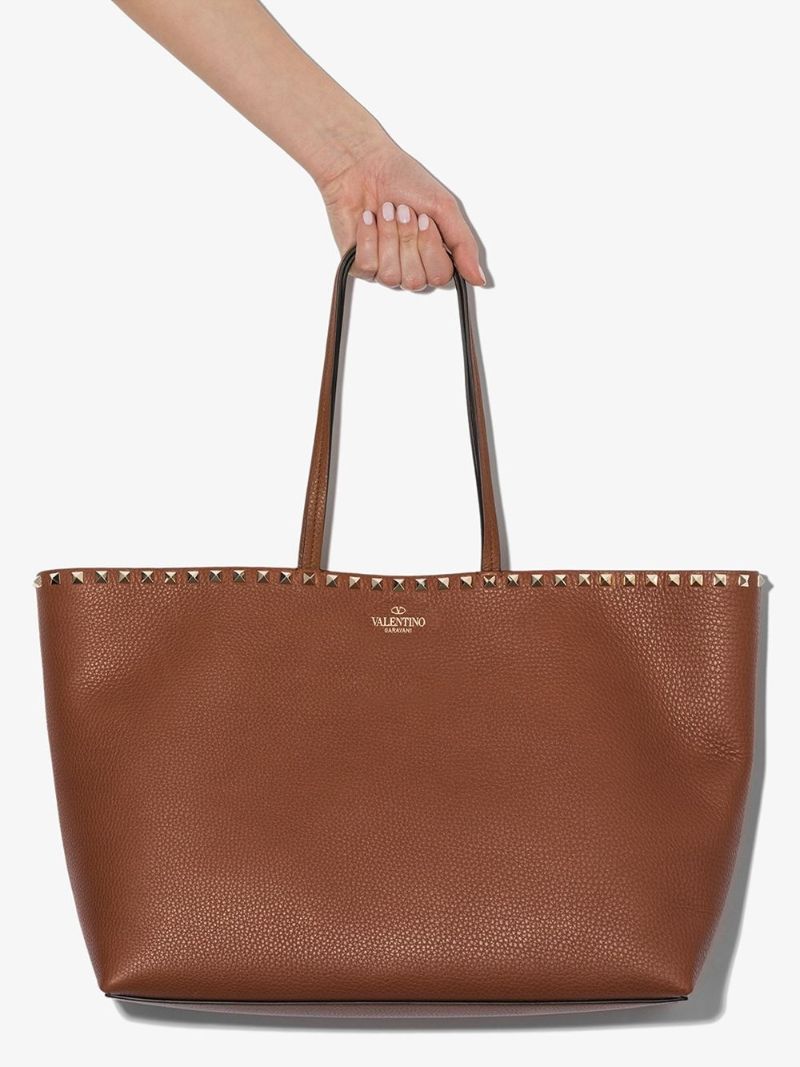 Brown Rockstud Large Leather Tote Bag