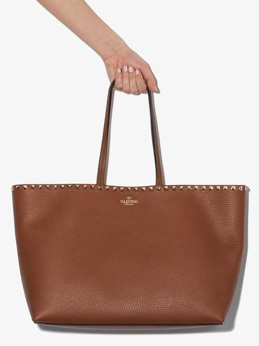 Brown Rockstud Large Leather Tote Bag