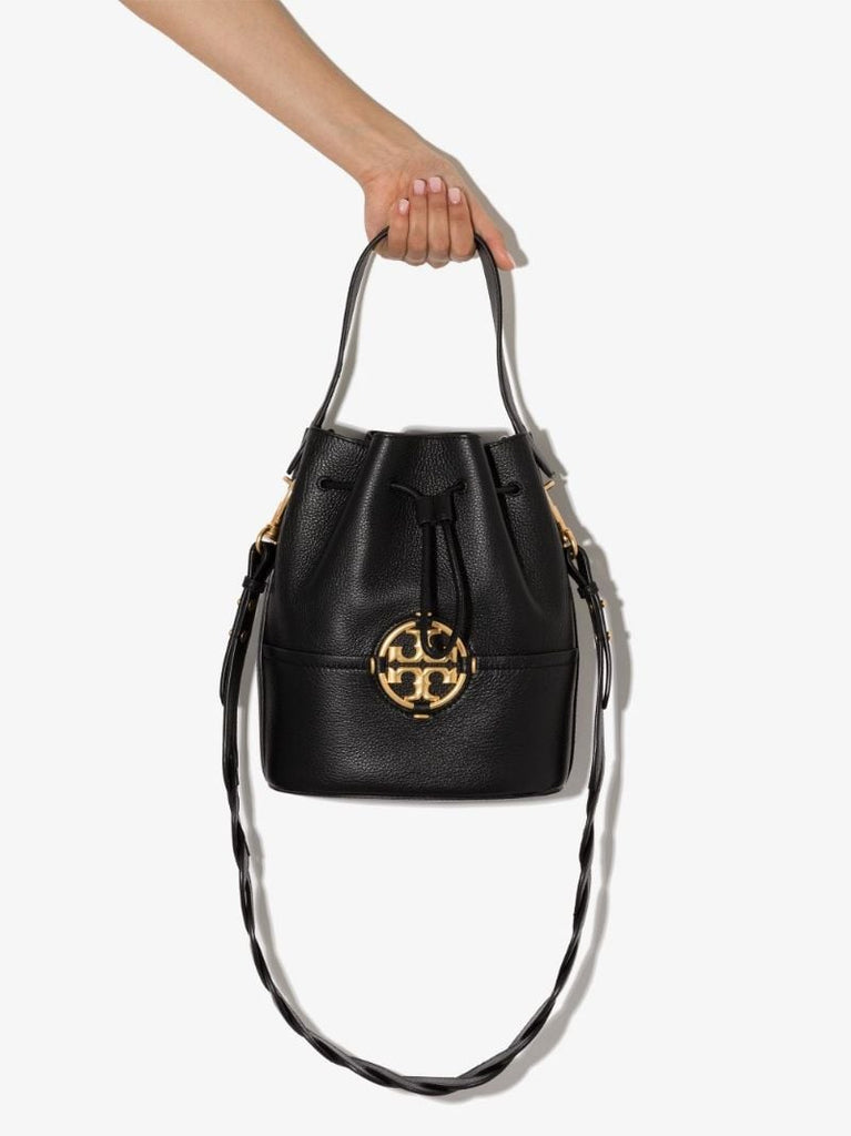 Black Miller Grained Leather Bucket Bag