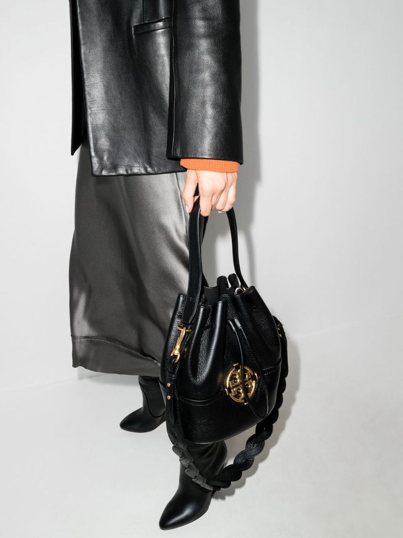Black Miller Grained Leather Bucket Bag