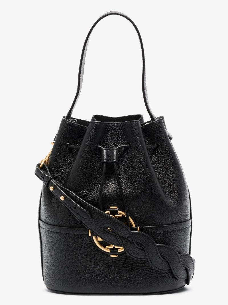 Black Miller Grained Leather Bucket Bag