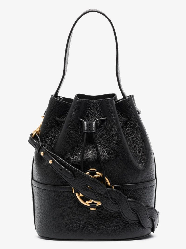 Black Miller Grained Leather Bucket Bag