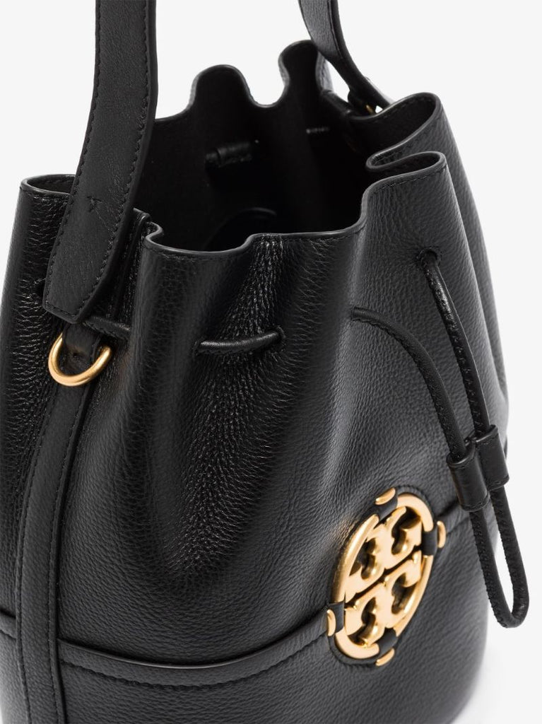 Black Miller Grained Leather Bucket Bag