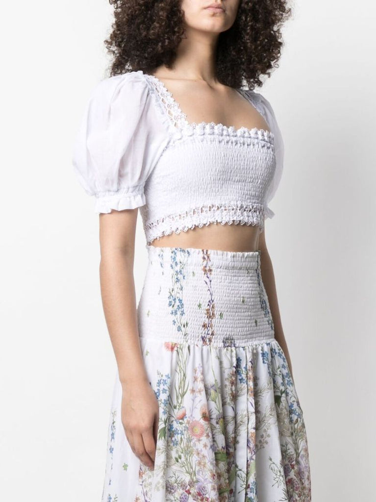 White Judy Shirred Cotton Crop Top