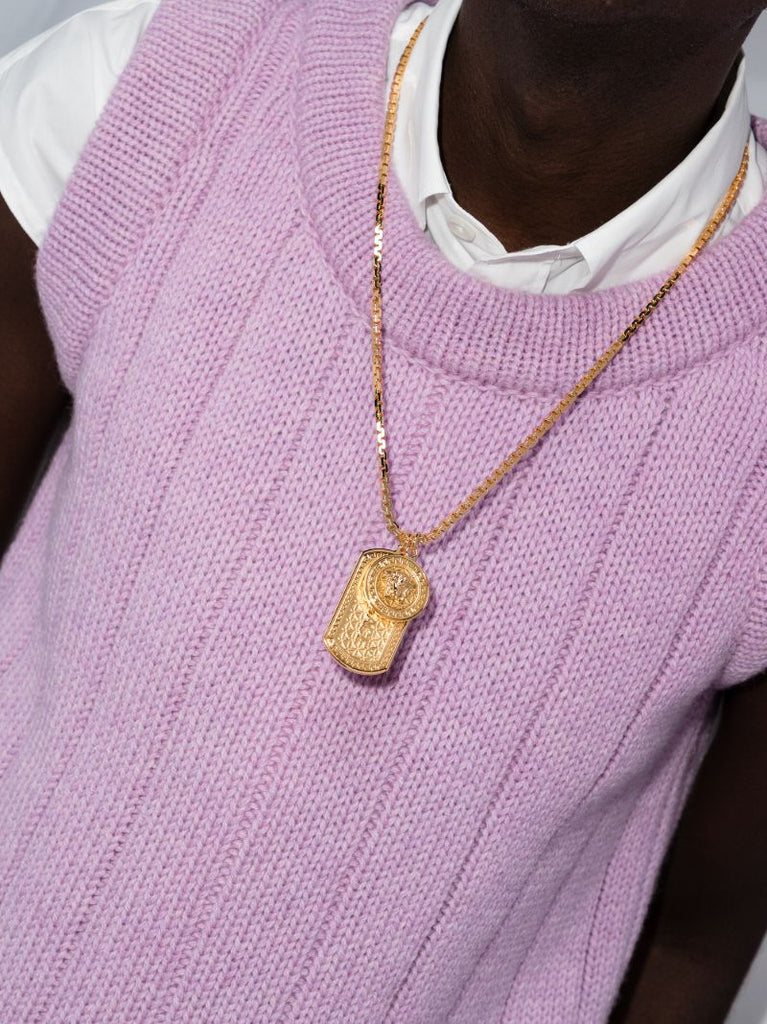 Gold Tone Medusa Tag Necklace