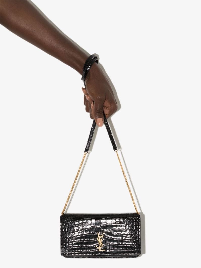 Black Mock Croc Leather Phone Holder on Chain