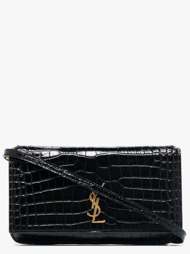 Black Mock Croc Leather Phone Holder on Chain