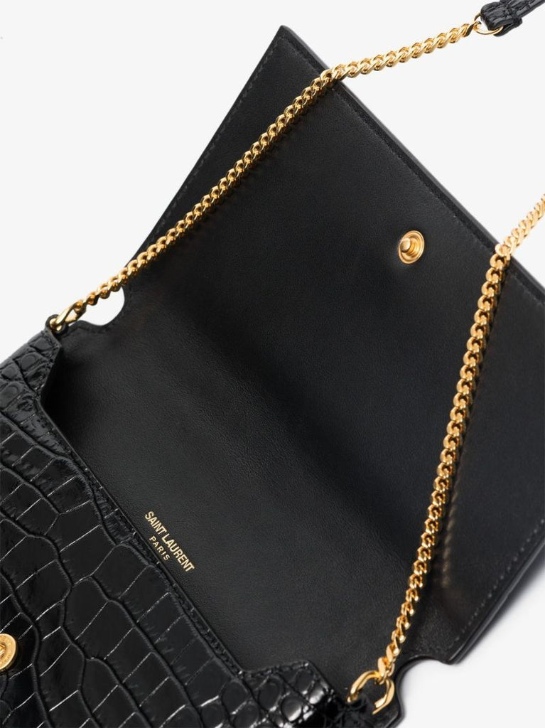 Black Mock Croc Leather Phone Holder on Chain
