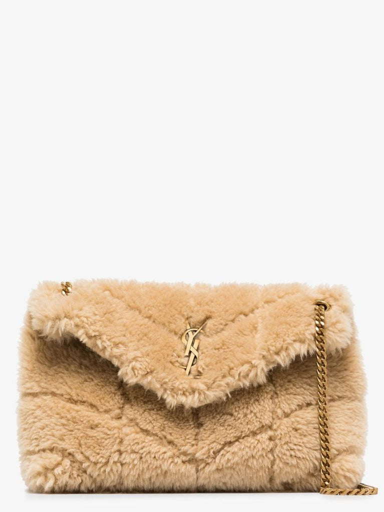 Neutral Loulou Puffer Small Shearling Shoulder Bag