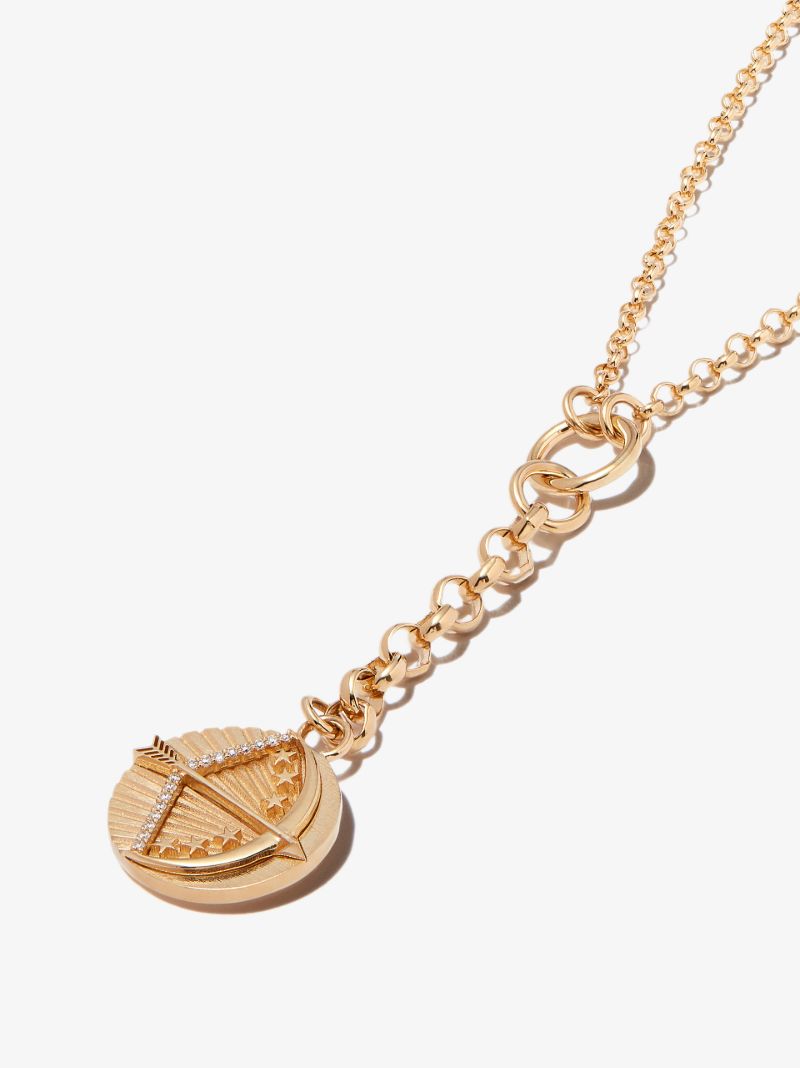 18k Yellow Gold Sagittarius Baby Medallion Belcher Chain Diamond Necklace