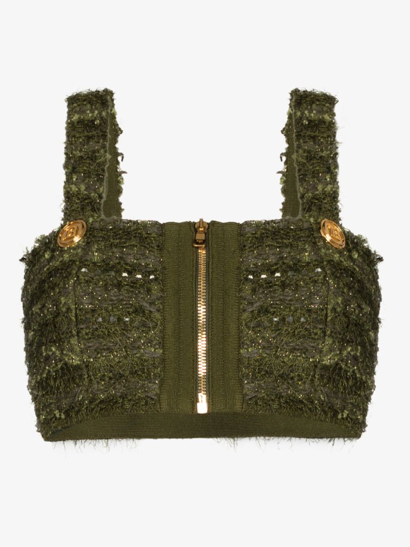 Zip Front Tweed Crop Top