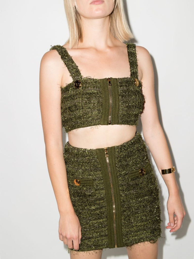 Zip Front Tweed Crop Top