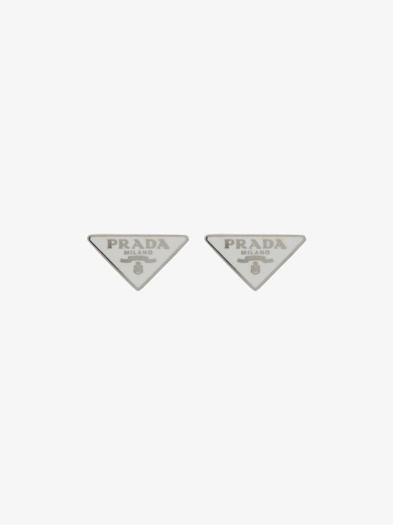 Silver Tone and White Symbole Stud Earrings