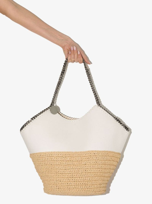 White and Neutral Falabella Large Raffia Tote Bag