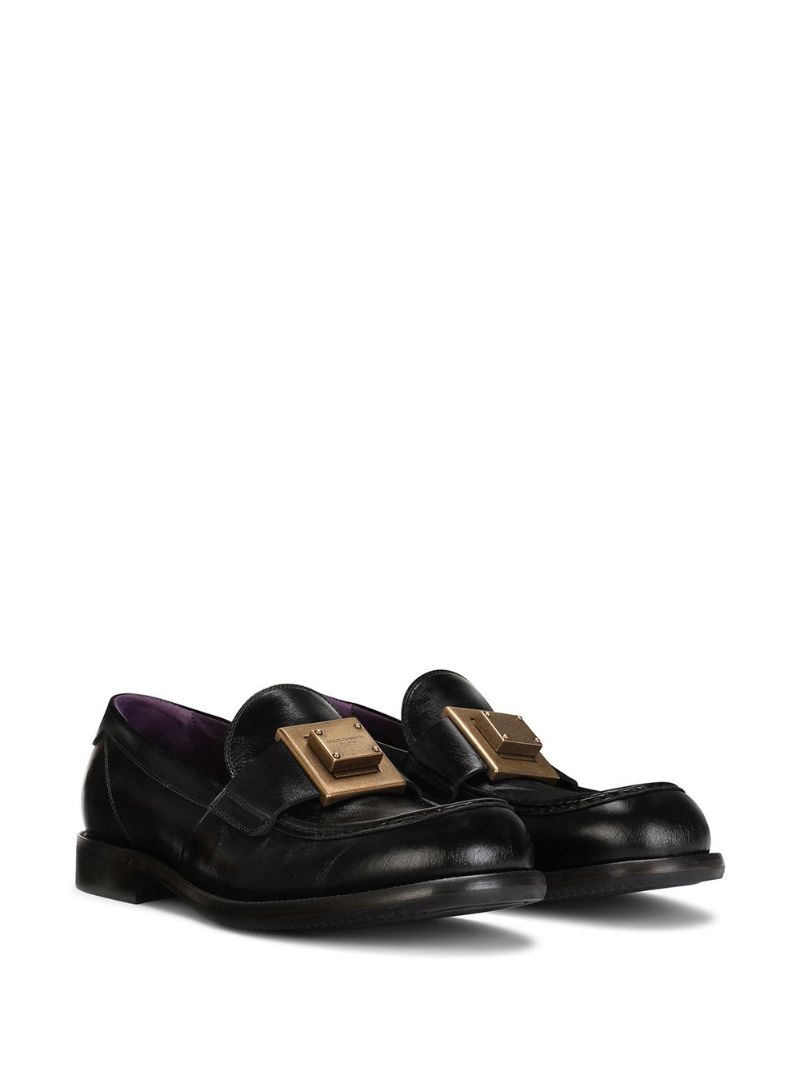Black Mino Logo Plaque Leather Loafers