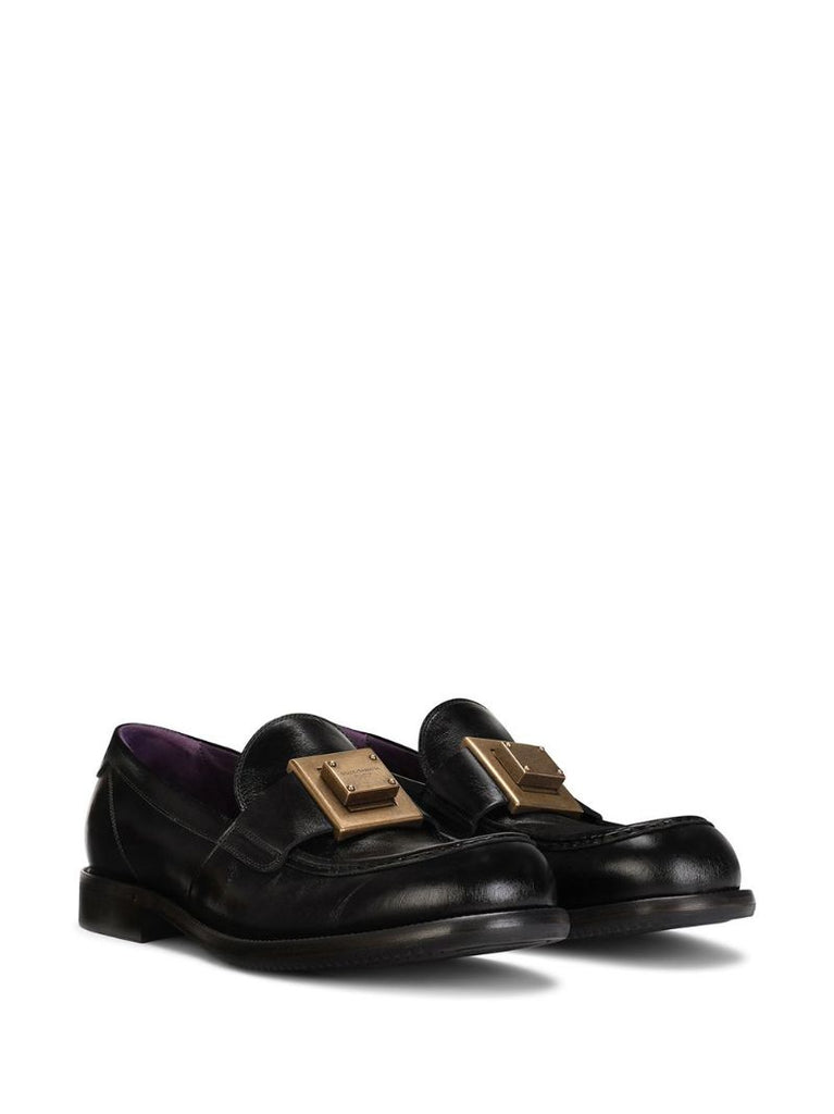 Black Mino Logo Plaque Leather Loafers