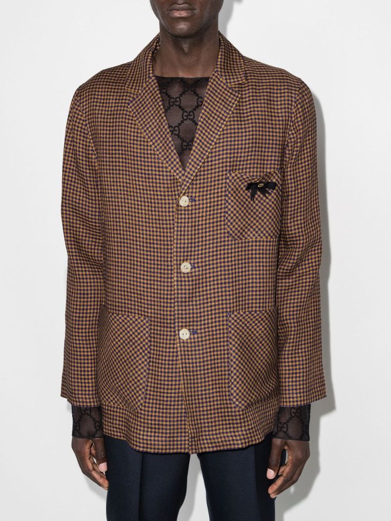 Brown Checked Single-breasted Cotton Blazer