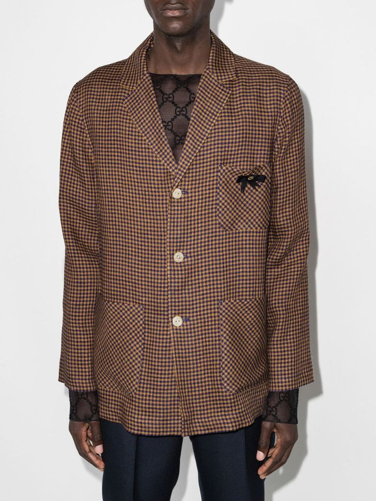 Brown Checked Single-breasted Cotton Blazer