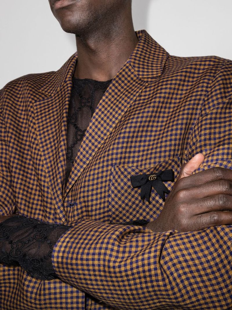 Brown Checked Single-breasted Cotton Blazer