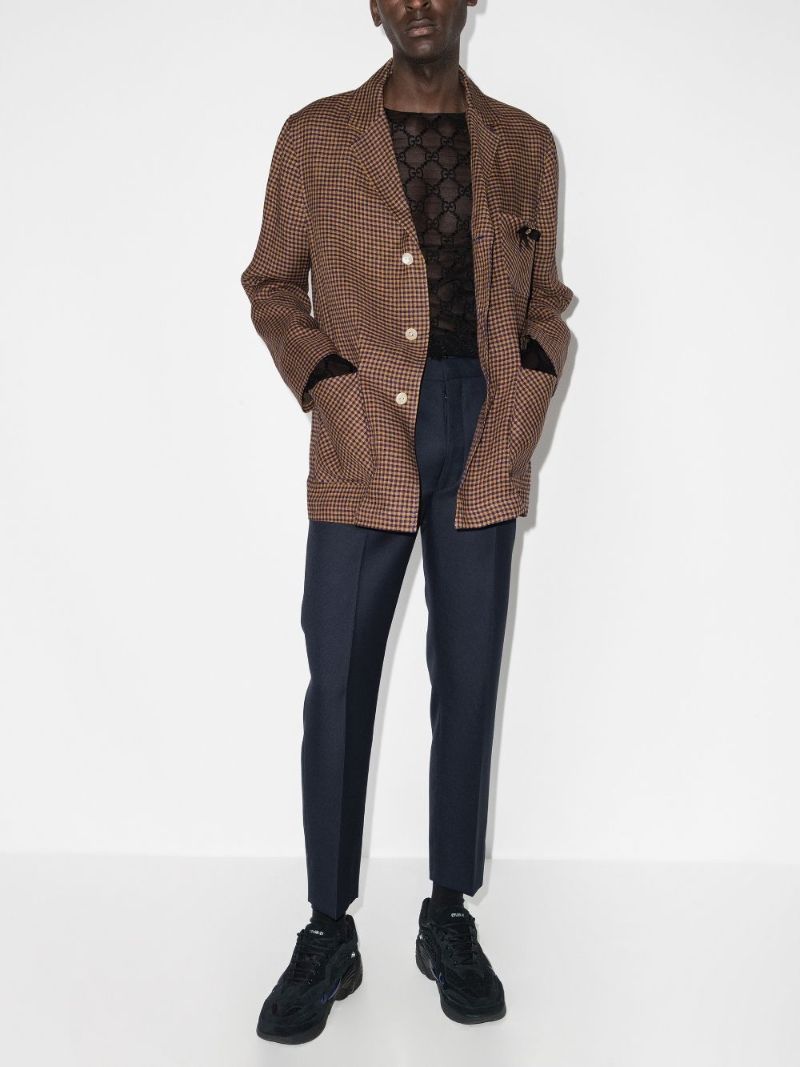 Brown Checked Single-breasted Cotton Blazer