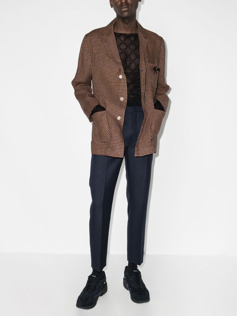 Brown Checked Single-breasted Cotton Blazer