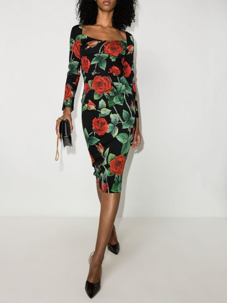 Rose Print Square Neck Dress