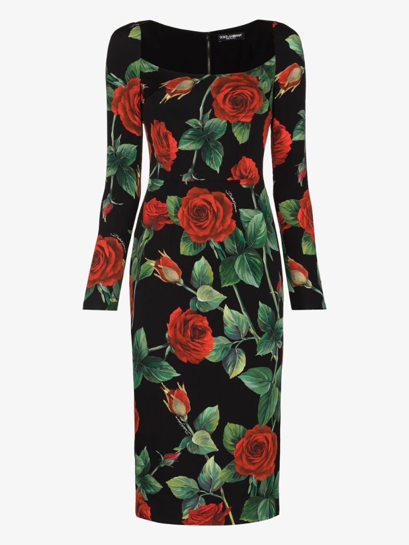 Rose Print Square Neck Dress