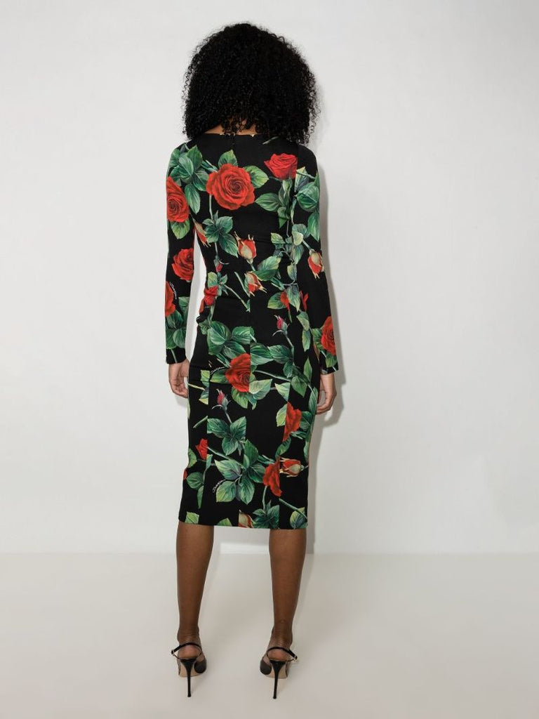Rose Print Square Neck Dress