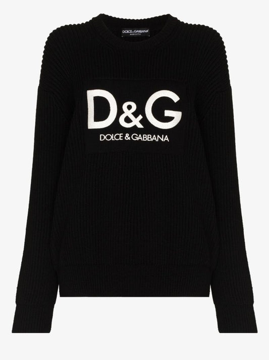 Ribbed Knit Logo Patch Wool Sweater
