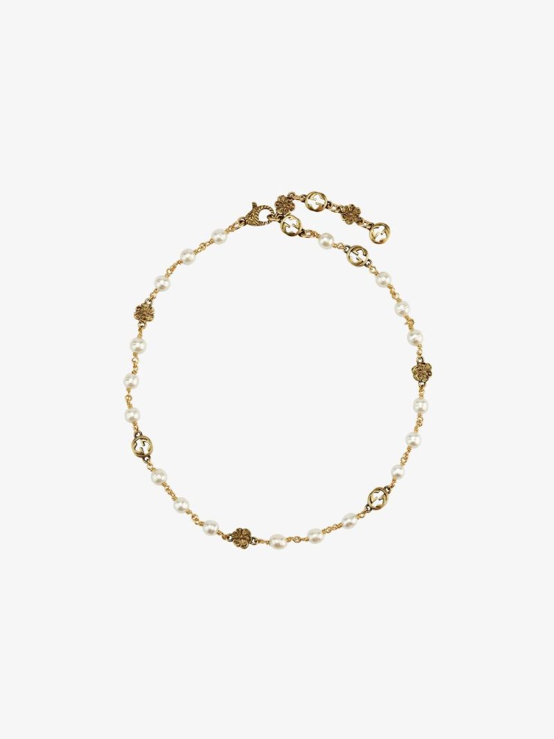 Gold Tone Gg Flower Pearl Necklace