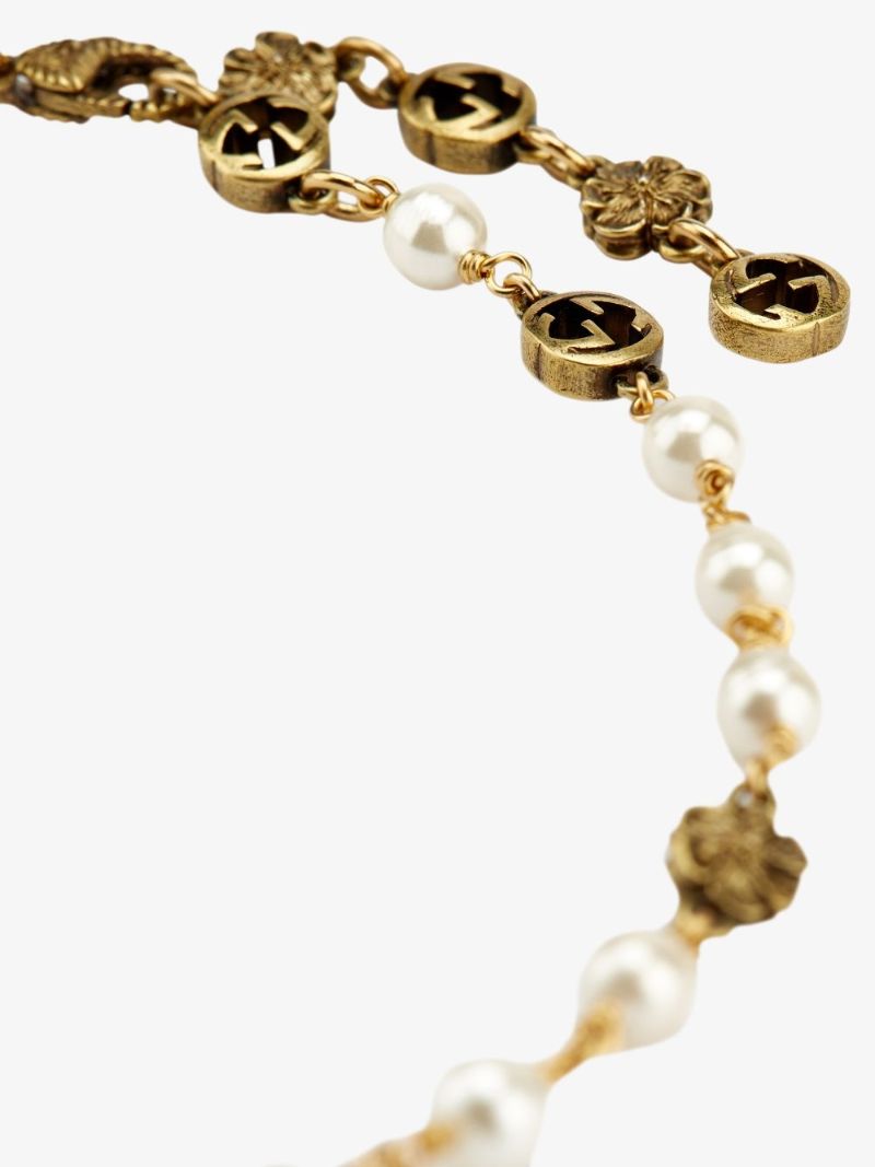 Gold Tone Gg Flower Pearl Necklace