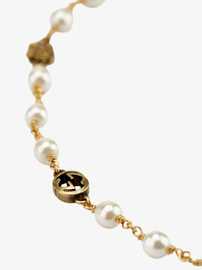 Gold Tone Gg Flower Pearl Necklace