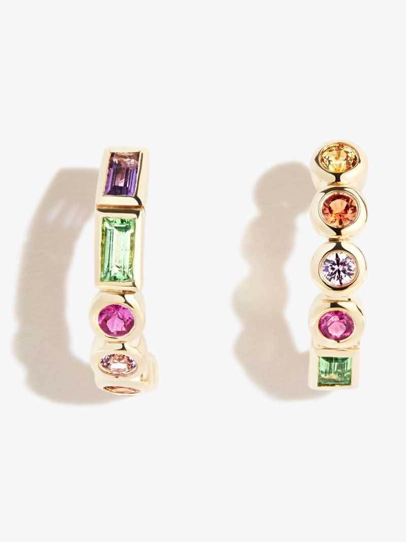 14k Yellow Gold Riviere Rainbow Gemstone Earrings