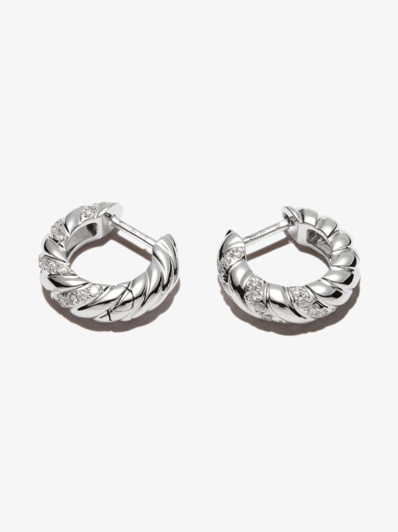 18k White Gold Striped Diamond Hoop Earrings