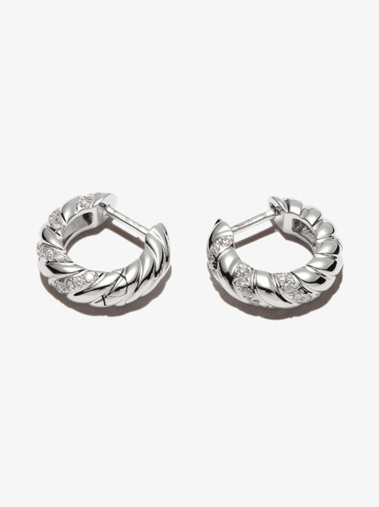 18k White Gold Striped Diamond Hoop Earrings