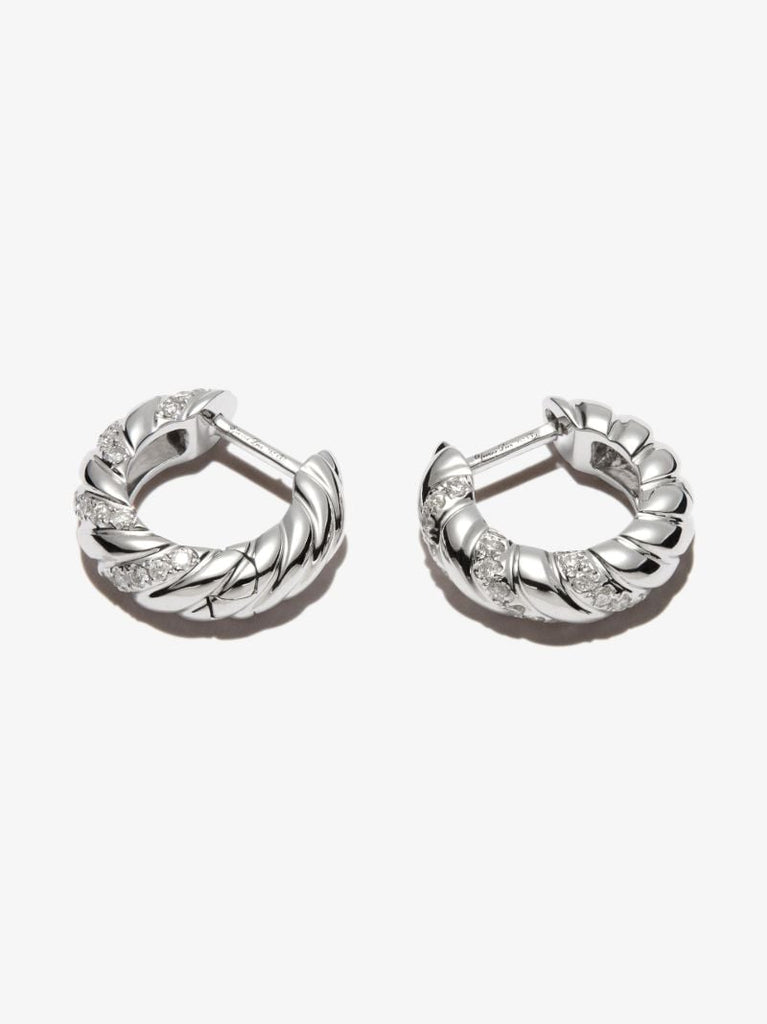 18k White Gold Striped Diamond Hoop Earrings