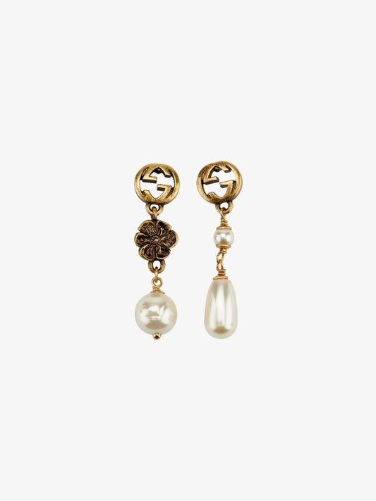 Gold Tone Gg Flower Pearl Drop Earrings