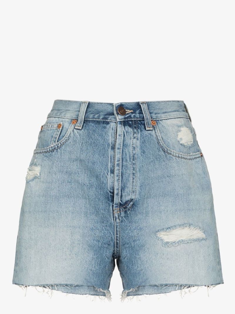 Blue Embroidered Cat Denim Shorts