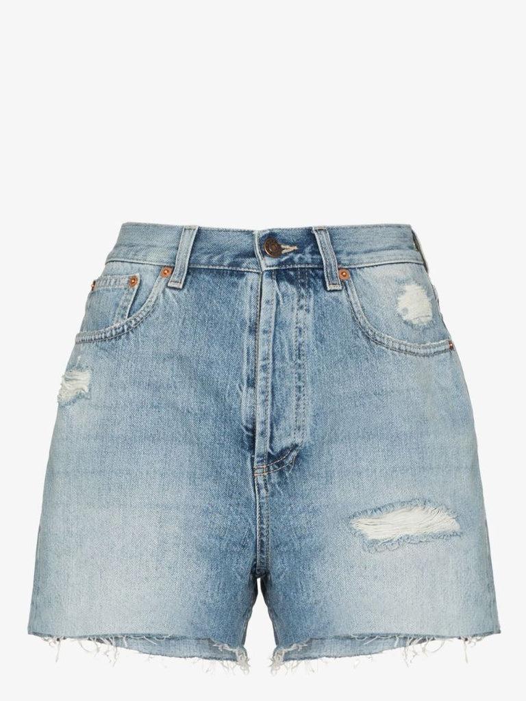 Blue Embroidered Cat Denim Shorts