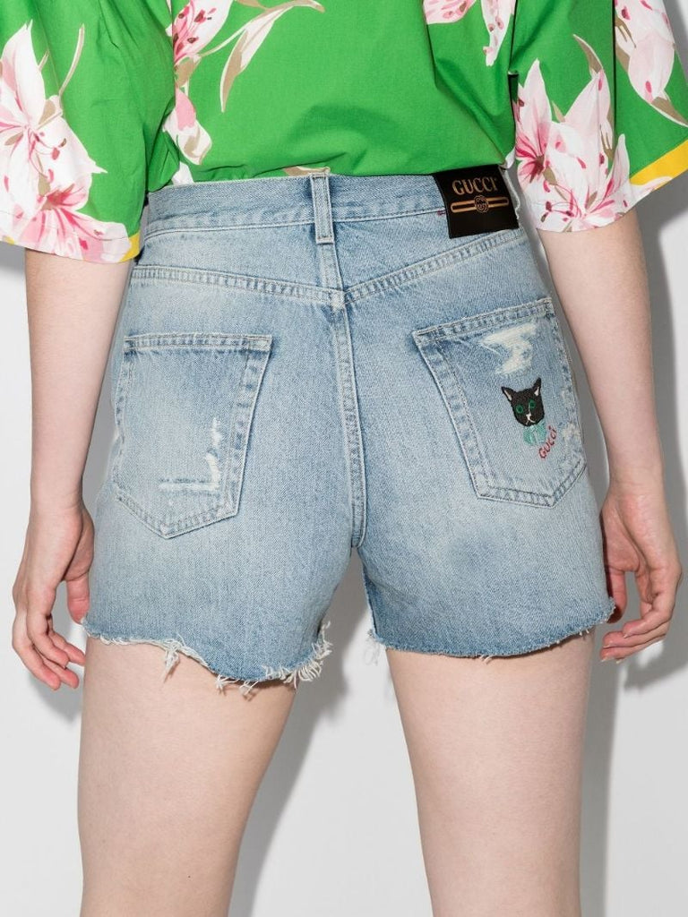 Blue Embroidered Cat Denim Shorts