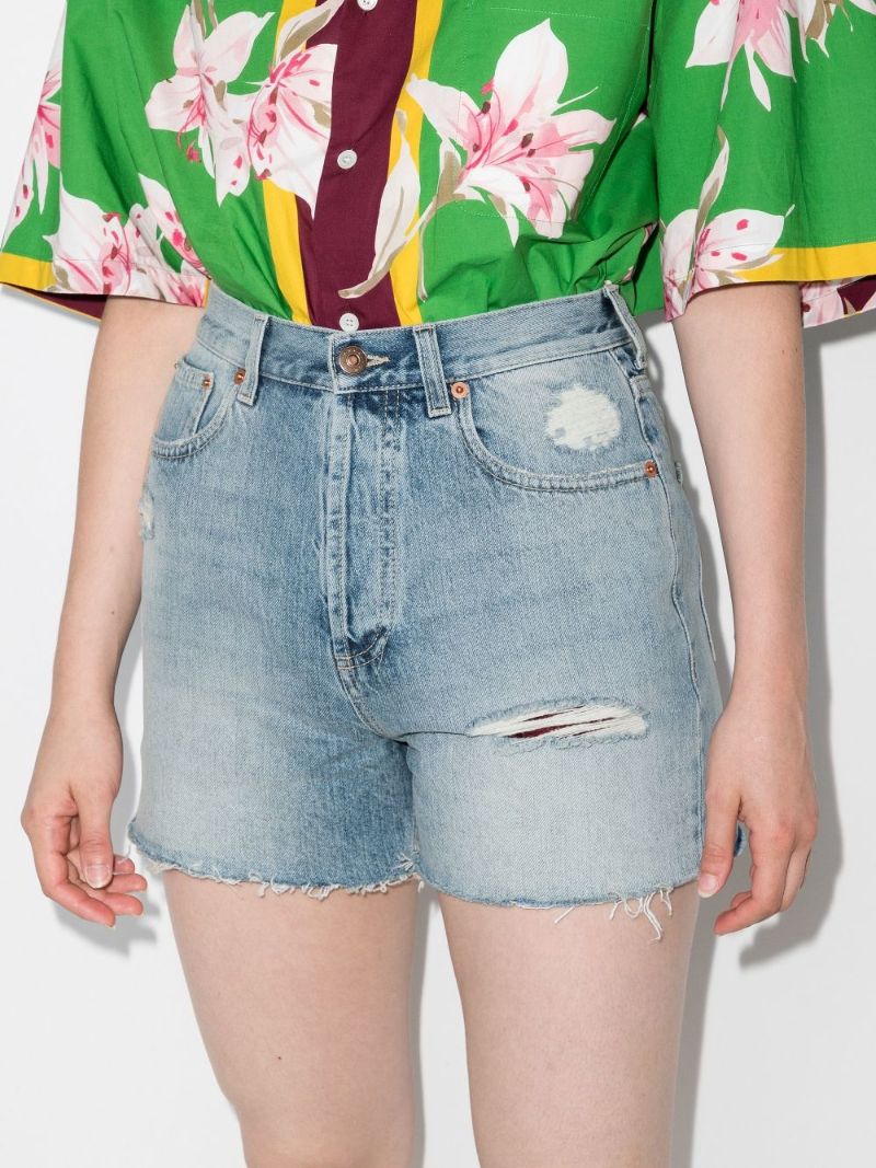 Blue Embroidered Cat Denim Shorts