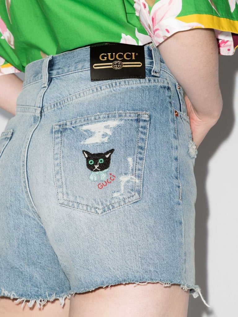 Blue Embroidered Cat Denim Shorts