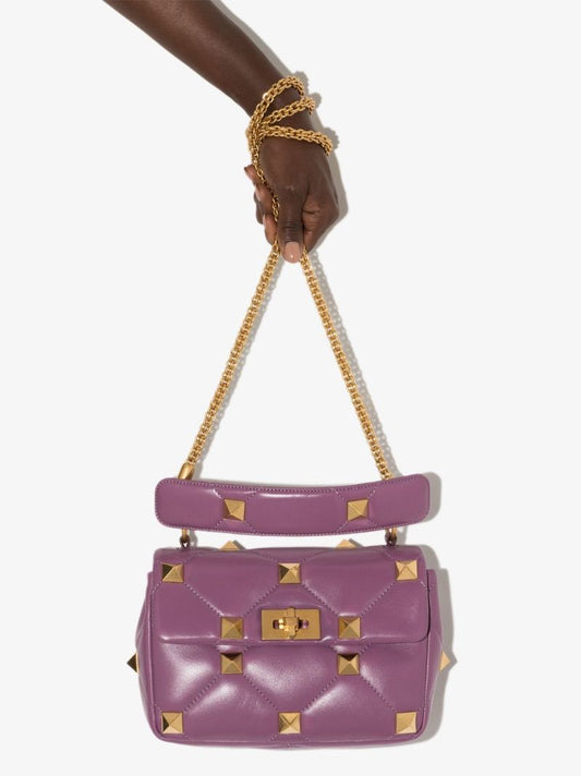 Purple Roman Stud Medium Leather Shoulder Bag
