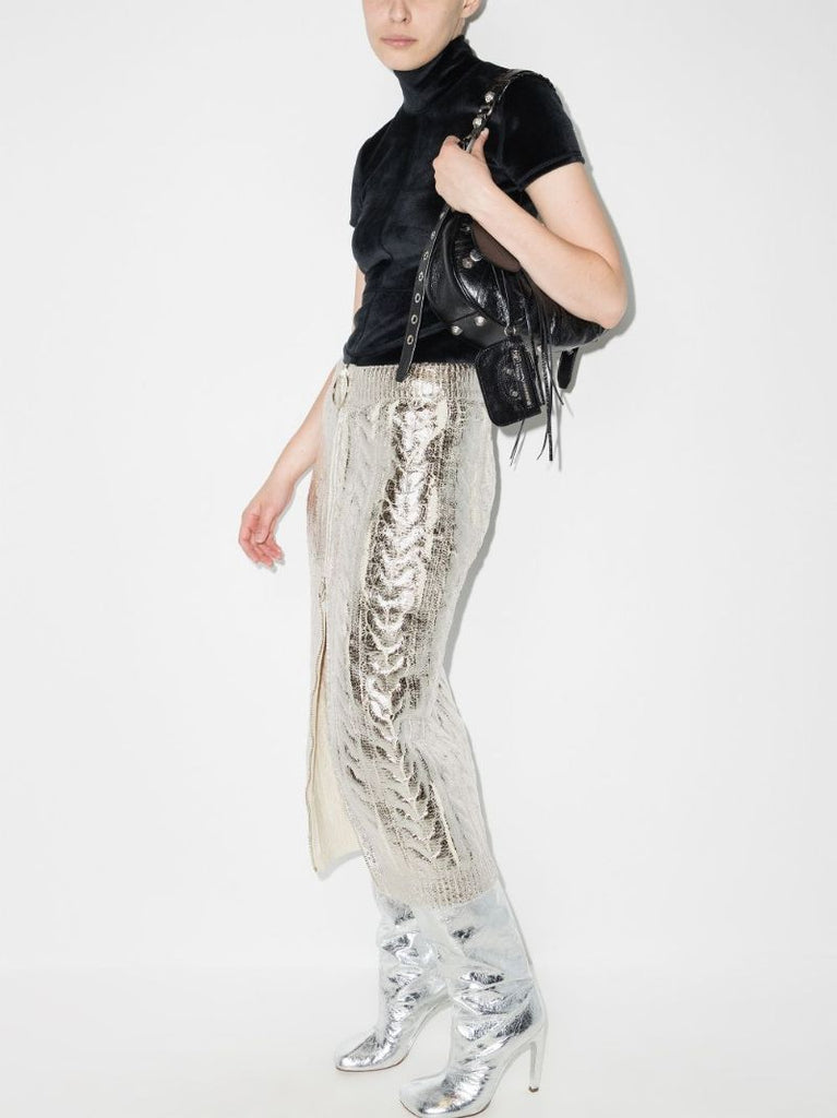Coated Cable Knit Midi Skirt