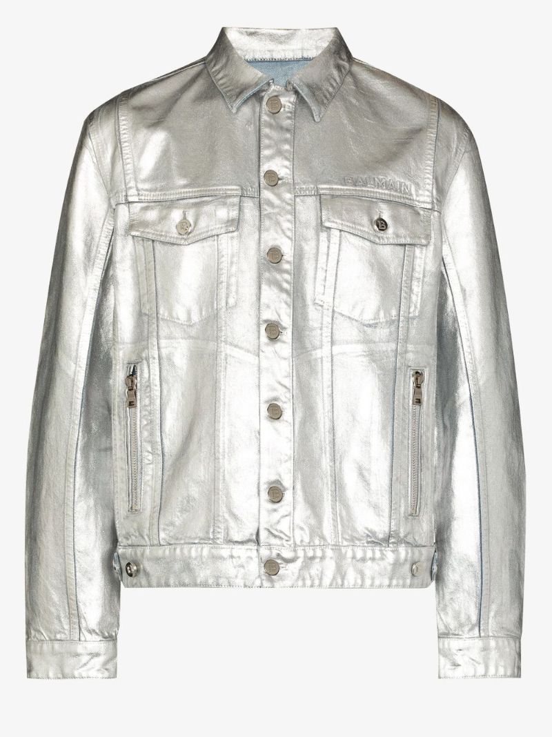 Logo-embossed Metallic Finish Denim Jacket