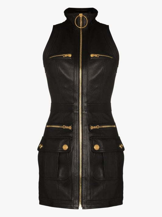 Zip Front Leather Mini Dress