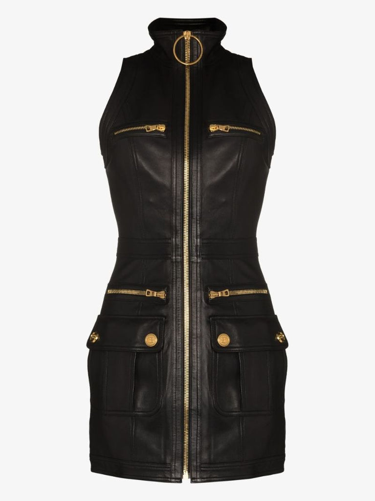 Zip Front Leather Mini Dress